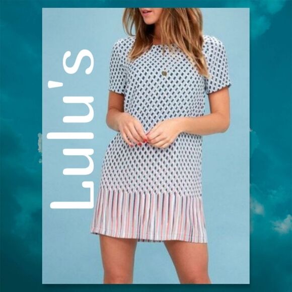 NWT LULU'S Santa Monica Light Blue Print Shift Dress - Picture 1 of 10